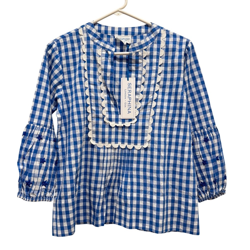 NEW Seraphina Star Gazing Blouse Women XS Blue Gingham Embroidered USA Scallop